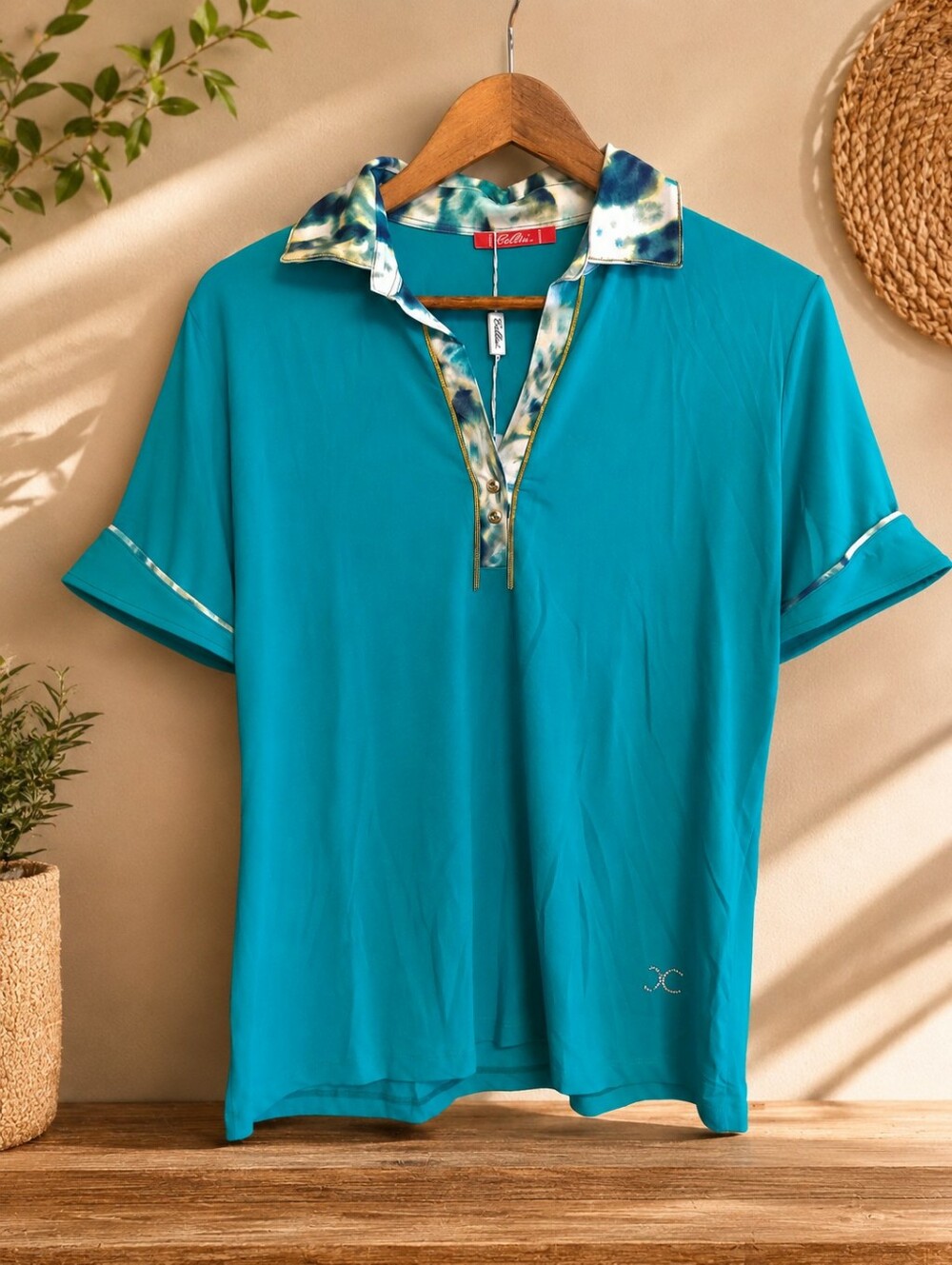 Cellini Teal Short-Sleeve Polo with Patterned Trim